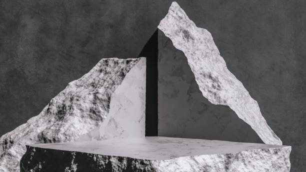 Product setting podium rough stone slabs, marble counter concrete table and stone shelves, grunge texture blocks object placement, 3d rendering,