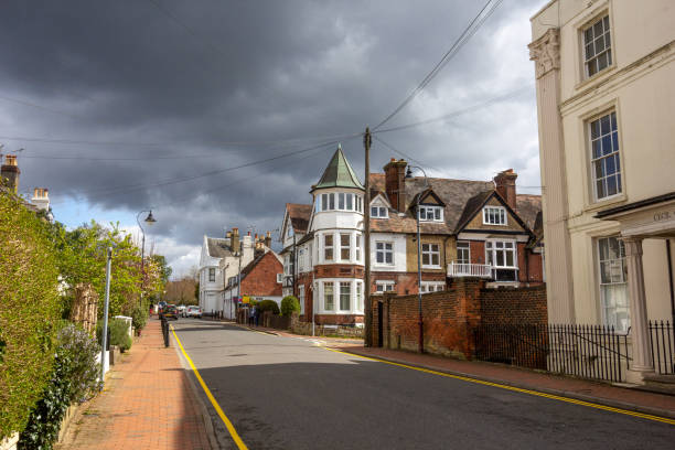 Mount Sion in Royal Tunbridge Wells, England, leading to Madeira Park in Royal Tunbridge Wells, England. Private homes can be seen along the road