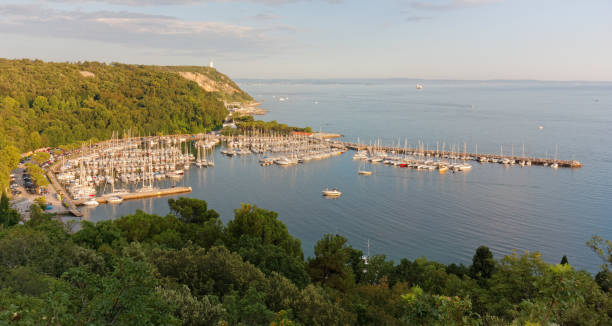 Panoramic view of Sistiana bay, on the coast near Trieste, Italy, in a midsummer early evening
