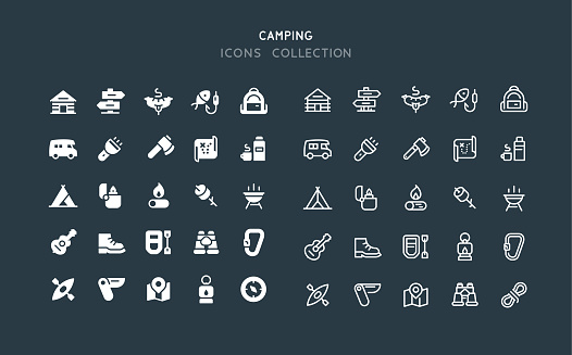 Set of camping vector icons. Flat design & line editable stroke.
