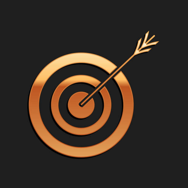 istock Gold Target with arrow icon isolated on black background. Dart board sign. Archery board icon. Dartboard sign. Business goal concept. Long shadow style. Vector 1269934240