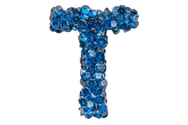 Letter T from blue diamonds or sapphires with brilliant cut. 3D rendering isolated on white background