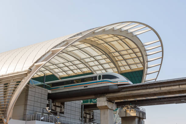 Shanghai Transrapid Maglev magnetic levitation train station traffic transport in China Shanghai, China - September 27, 2019: Shanghai Transrapid Maglev magnetic levitation train station traffic transport in China. maglev train stock pictures, royalty-free photos & images