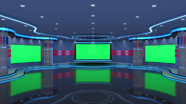 Television studio, virtual studio set. ideal for green screen compositing. 3d virtual studio set, ideal for green screen compositing. virtual reality point of view photos stock pictures, royalty-free photos & images