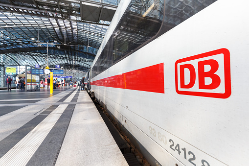 Berlin, Germany - August 20, 2020: DB logo on a ICE 4 high-speed train at Berlin main railway station Hauptbahnhof Hbf in Germany.