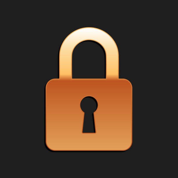 istock Gold Lock icon isolated on black background. Padlock sign. Security, safety, protection, privacy concept. Long shadow style. Vector 1269937835
