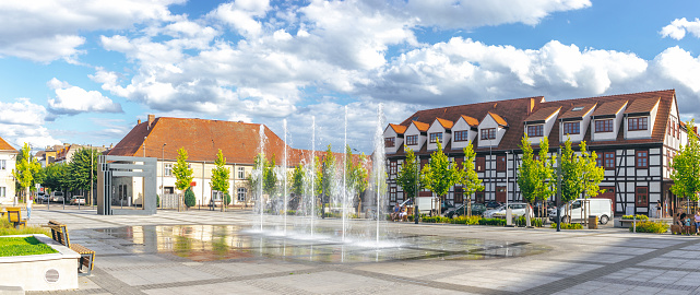 Summer day on the central street of Drezdenko city in Poland