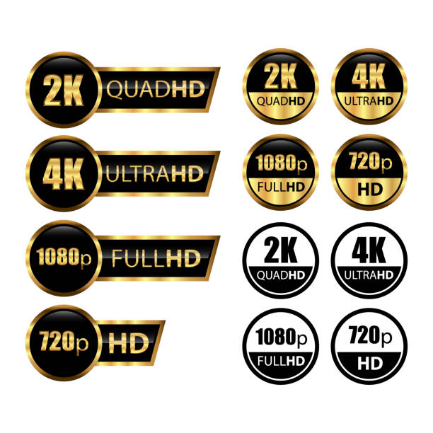 ilustrações, clipart, desenhos animados e ícones de golden 2k quad hd, 4k ultra hd, 720 hd e logotipo ícone de resolução de vídeo full hd de 1080p; etiqueta de exibição de tela de tv / tela de jogo de alta definição - hd 1080