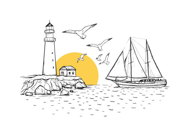 Sunny landscape vector sketch illustration with lighthouse, sailboat, seagulls, sun and sea. Design for poster and card Sunny landscape vector sketch illustration with lighthouse, sailboat, seagulls, sun and sea. Design for poster and card. Print for t-shirt, bag and pillow lighthouse drawings stock illustrations