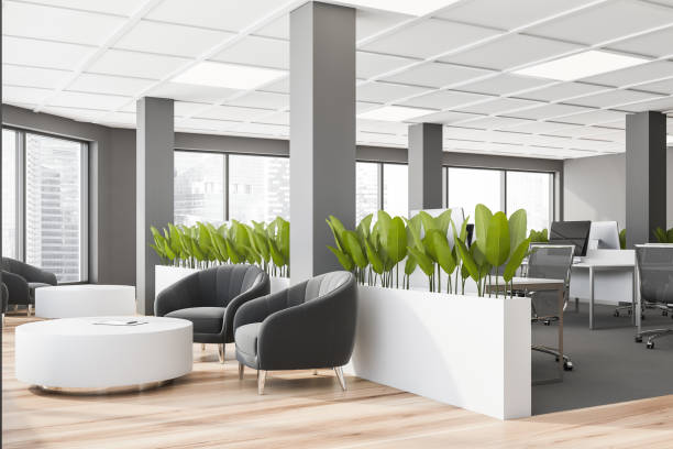 istock Gray office waiting room corner with armchairs 1269941813
