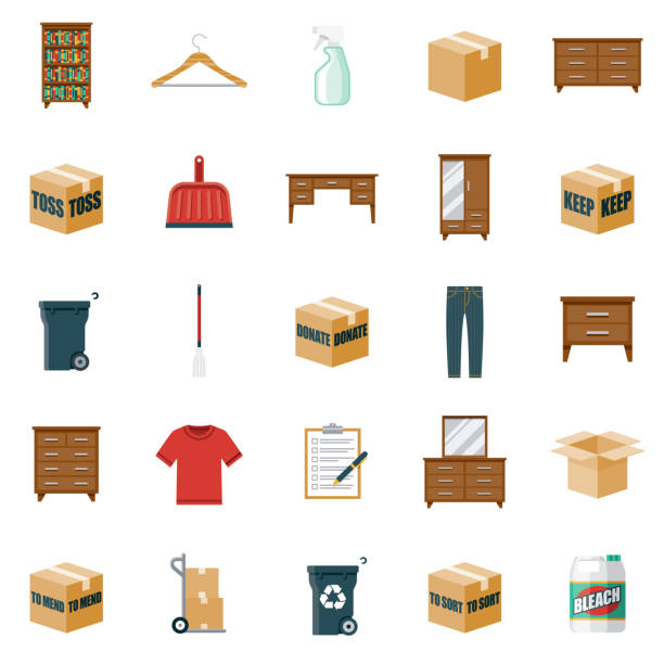 Decluttering Icon Set A set of icons. File is built in the CMYK color space for optimal printing. Color swatches are global so it’s easy to edit and change the colors. clean room stock illustrations