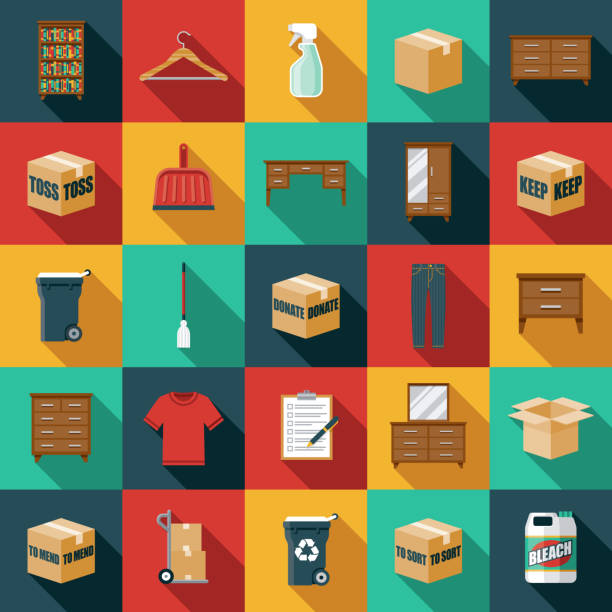 Decluttering Icon Set A set of icons. File is built in the CMYK color space for optimal printing. Color swatches are global so it’s easy to edit and change the colors. organized bookshelf stock illustrations