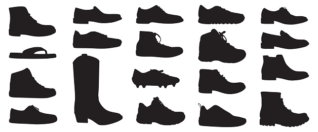 Vector silhouettes of twenty different men's shoes.