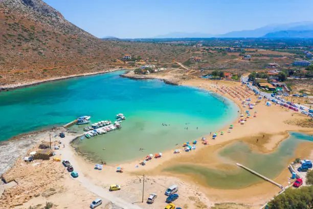 Amazing sandy beach of Stavros in a scenic lagoon, Chania, Crete, Greece.