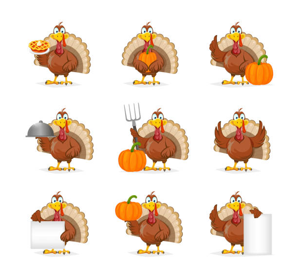 Happy Thanksgiving Day. Funny Turkey bird Happy Thanksgiving Day. Funny Thanksgiving Turkey bird, set of nine poses. Vector illustration turkey bird stock illustrations