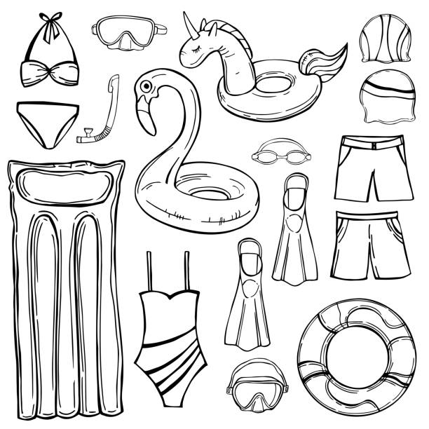 illustrations, cliparts, dessins animés et icônes de accessoires de natation dessinés à la main. illustration de croquis vectoriel. - swimming goggles