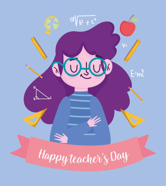 mutlu öğretmenler günü, malzeme okul simgeleri ile öğretmen karikatür - öğretmenler günü stock illustrations