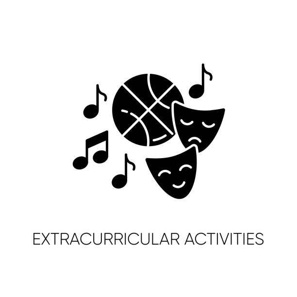 Extracurricular activities black glyph icon Extracurricular activities black glyph icon. Different academic clubs, highschool hobbies. Sport training, drama class, dancing and music silhouette symbol on white space. Vector isolated illustration high school sports stock illustrations