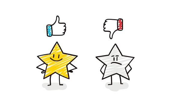 śmieszne gwiazdy z kciukami w górę i kciukami w dół ikony. - rating thumbs down moving down thumbs up stock illustrations