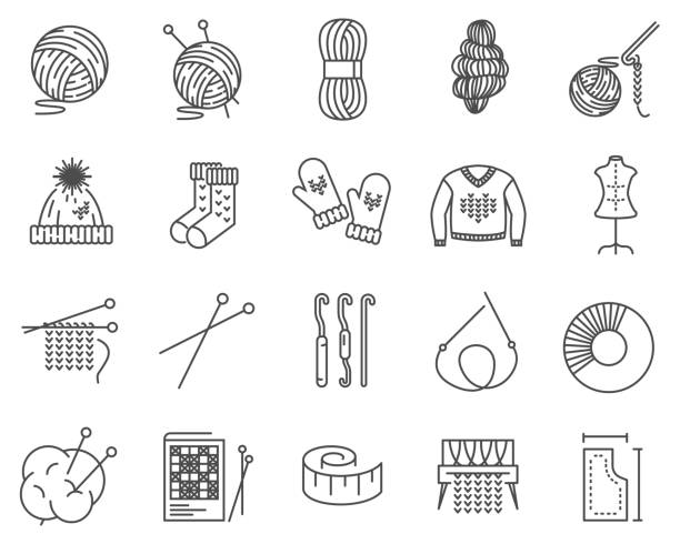 ilustrações, clipart, desenhos animados e ícones de conjunto de ícones vetoriais de linha de tricô e agulha. - knitting sweater crochet wool