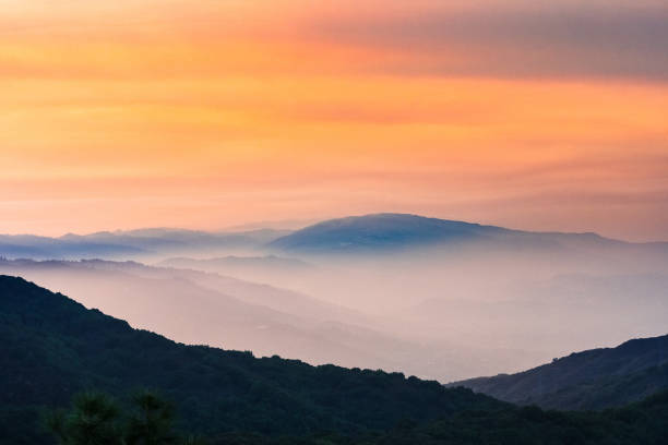 blick auf den sonnenuntergang in den bergen von santa cruz, kalifornien - hill dusk sunset heat haze stock-fotos und bilder