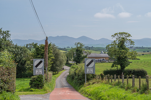 Rural lane, edged by hedges and fields of pasture, leading past farm buildings and towards the Mourne Mountains in the distance.  County Down, Northern Ireland.