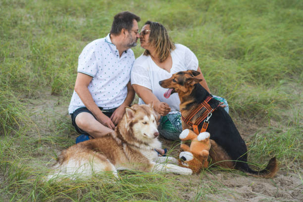 istock Couple with dogs sitting on grass 1269954312