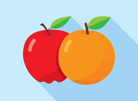 Vector illustration of an apple and orange against a light blue background in flat style.