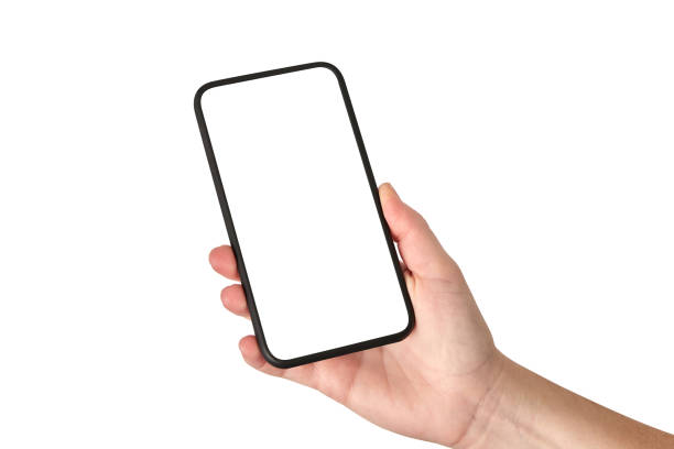 istock Caucasian woman's right hand holding her black smartphone on white clipping path inside, isolated on white background 1269956786