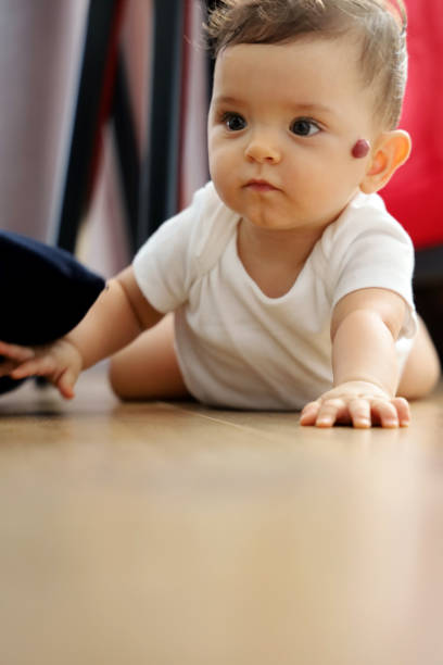 istock Little girl boy crawling on floor at home 1269959556