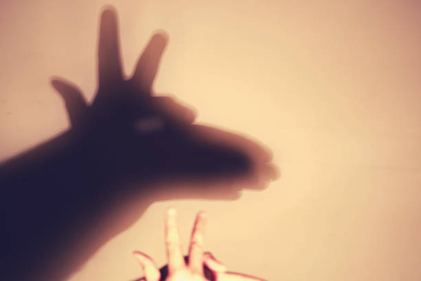 Shadow theater on the wall, animal silhouette. Selective focus on shadow hand
