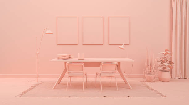 chambre intérieure en couleur orange rosée monochrome avec meubles et accessoires de chambre. rendu 3d pour les arrière-plans de page web, de pr�ésentation ou d’image. - image monochrome photos et images de collection