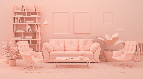Interior room in plain monochrome pinkish orange color with furnitures and room accessories. 3D rendering for web page, presentation or picture frame backgrounds.