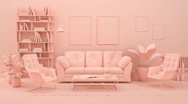 Interior room in plain monochrome pinkish orange color with furnitures and room accessories. 3D rendering for web page, presentation or picture frame backgrounds. Interior room in plain monochrome pinkish orange color with furnitures and room accessories. Light background with copy space. 3D rendering for web page, presentation or picture frame backgrounds. monochrome stock pictures, royalty-free photos & images
