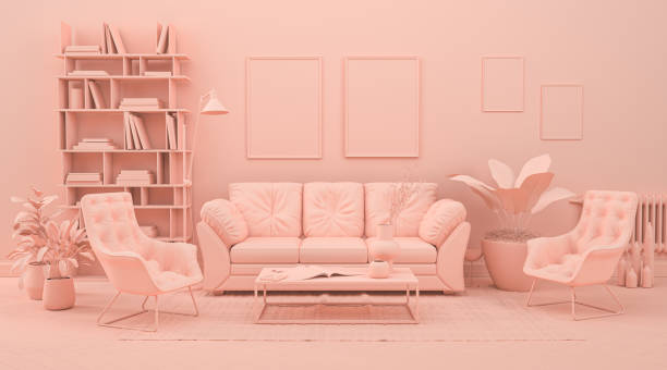 Interior room in plain monochrome pinkish orange color with furnitures and room accessories. 3D rendering for web page, presentation or picture frame backgrounds. Interior room in plain monochrome pinkish orange color with furnitures and room accessories. Light background with copy space. 3D rendering for web page, presentation or picture frame backgrounds. monochrome house stock pictures, royalty-free photos & images