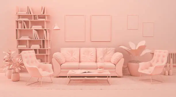Photo of Interior room in plain monochrome pinkish orange color with furnitures and room accessories. 3D rendering for web page, presentation or picture frame backgrounds.