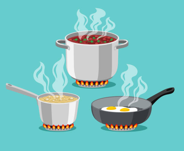 ilustrações de stock, clip art, desenhos animados e ícones de cooking in home pans. boiling pot and fried pan set, cartoon steel cooking pots with boiling soup and fried egg - saucepan fire steam soup