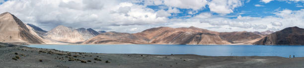 Panorama of western Pangong Tso (Lake) in Ladakh, India, near the Line of Actual Control between India and China stock photo