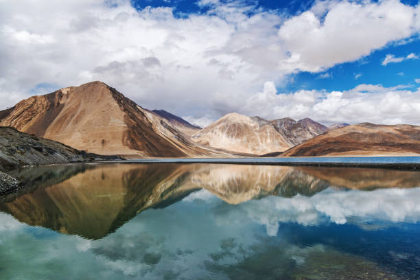 The western end of Pangong Tso (Pangong Lake) in Ladakh, India, bordering China. stock photo