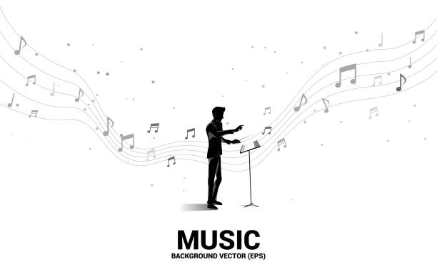 Vector silhouette of conductor standing with flying music note . Concept background for orchestra concert and recreation. conductor baton stock illustrations