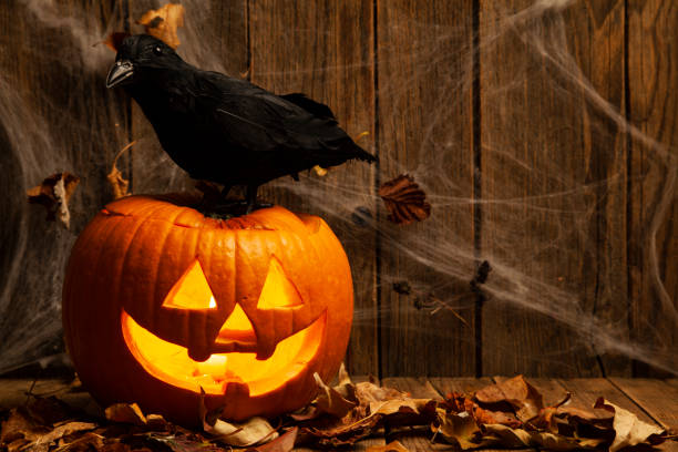 istock Halloween Jack-o-Lantern Pumpkins on rustic wooden background 1269964379