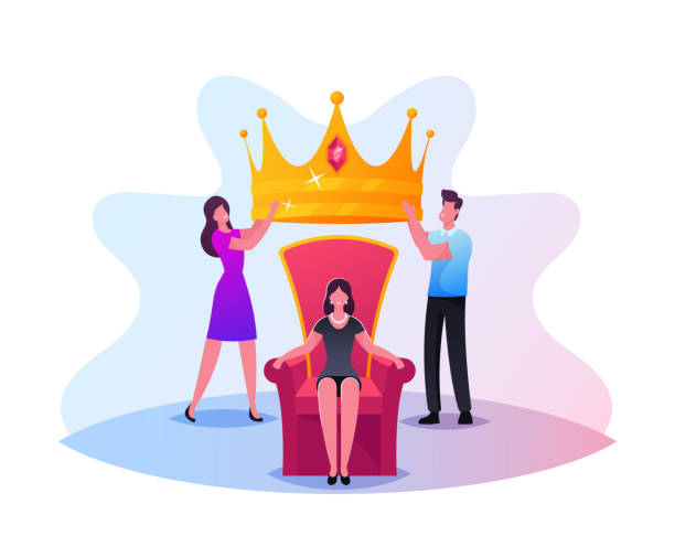 illustrations, cliparts, dessins animés et icônes de popularité, fame concept. les personnages masculins et féminins minuscules mettent la couronne royale énorme sur la tête de femme s’asseyant sur le trône, culte - princess queen nobility glamour