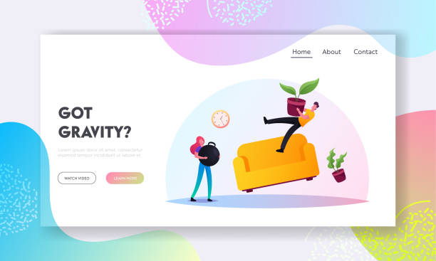 ilustrações de stock, clip art, desenhos animados e ícones de characters in room with zero gravity and flying furniture landing page template. woman holding dumbbell for antigravity - cair no sofá