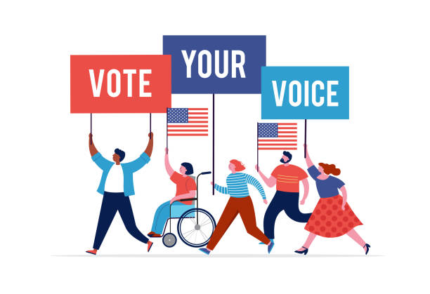 ilustrações de stock, clip art, desenhos animados e ícones de group of people, walking with flags to elections. crowd of women and men at a demonstration. concept for election campaign, voting theme vector background. - interface icons election voting usa