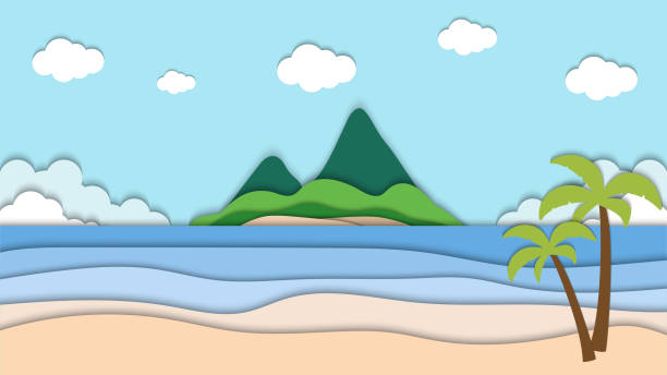 해변과 산 종이 컷 벡터 일러스트의 풍경, 추상적 인 배경, 벽지 및 배경 등에 좋은 - beach cartoon island sea stock illustrations