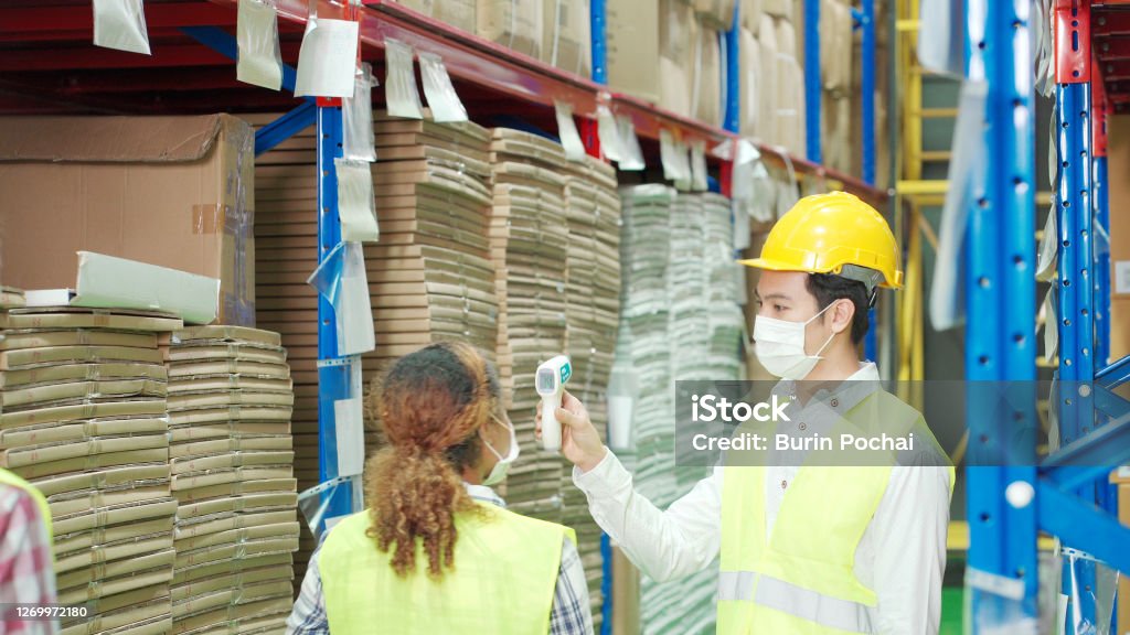 Normal Worker Multi Ethnic Workers Check Temperature As New Normal In Warehouse Stock ...