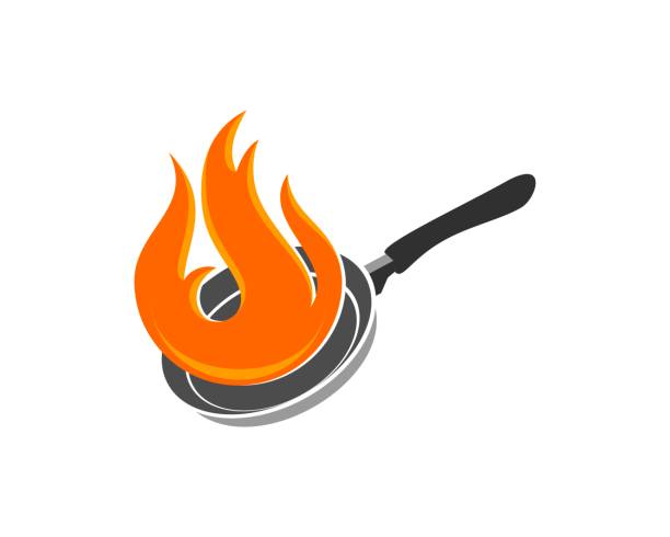 heiße bratpfanne mit orangenfeuer - pan stock-grafiken, -clipart, -cartoons und -symbole