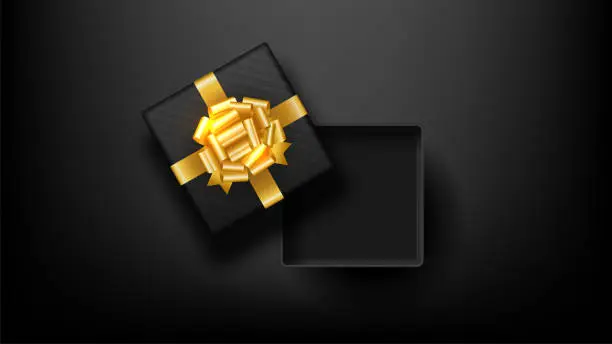 Vector illustration of Black open square gift box decorated with bow-ribbon gold on black background.Top view. Luxury style. Vector illustration.