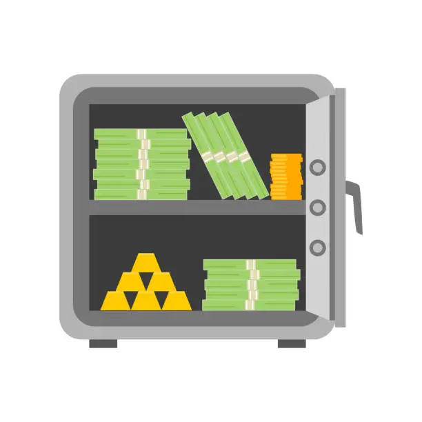 Vector illustration of Opened money safe deposit box with banknotes and golds inside flat design. Safety savings.