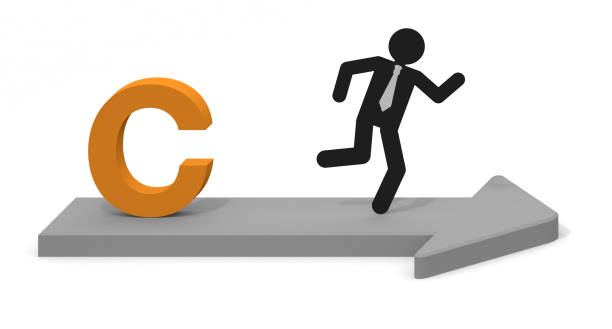 The letter C. Three-dimensional arrow. Businessman running. Select C course.